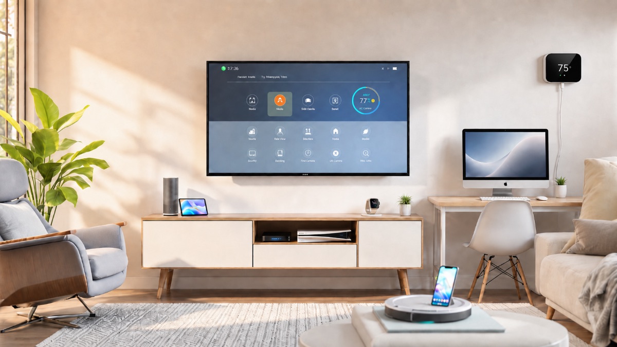A living room with a wall-mounted TV, tablet, smart speaker, smartwatch, iMac and phone — everyday devices that hold BuckUp value