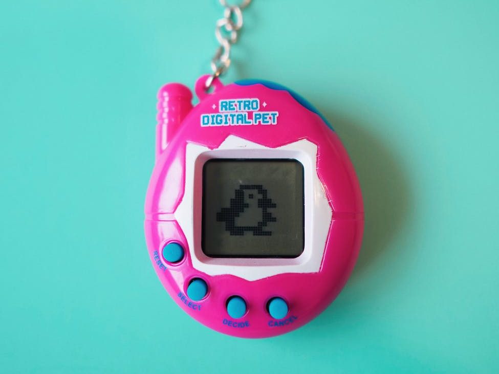 vibrant retro digital pet keychain on blue